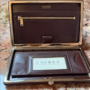 Lauren Ralph Lauren Chocolate Brown Embossed Leather Wallet with Gold Trim